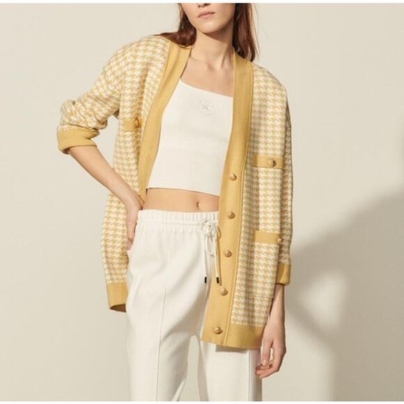 Sandro Dane Yellow Houndstooth Oversized Cardigan Sweater 0/2 - Picture 8 of 8